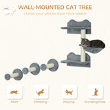 4-Piece Wall-Mounted Cat Shelf Set - Hammock, Platforms, Scratching Post, Grey - Cat Walls - Purr Wish