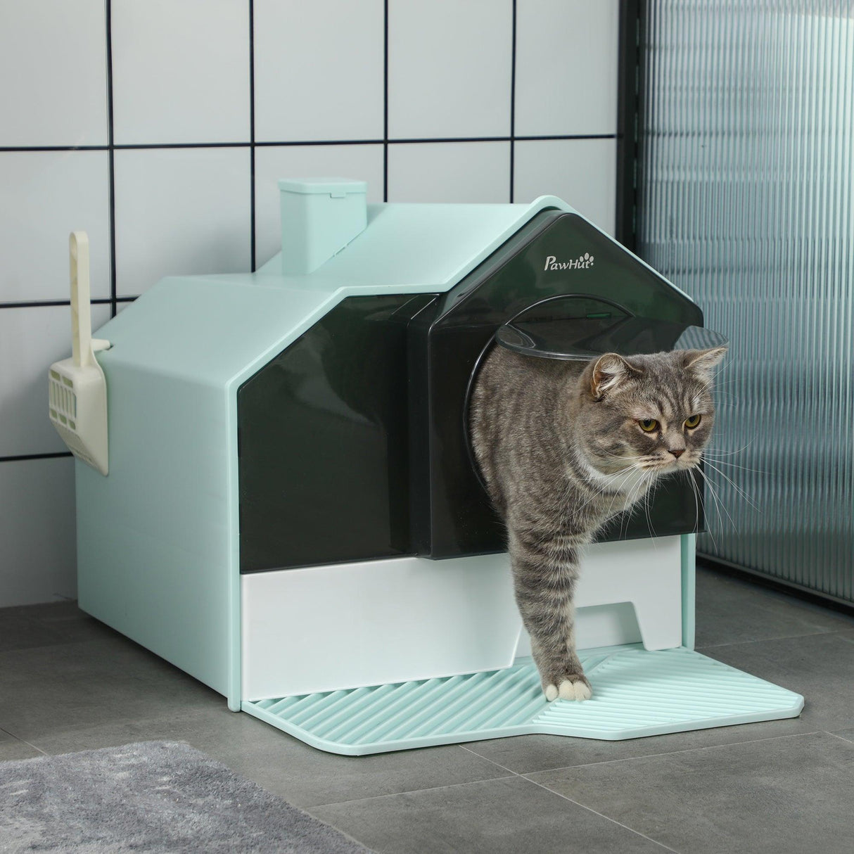 Light Blue Hooded Cat Litter Tray with Scoop - Cat Litter Trays - Purr Wish