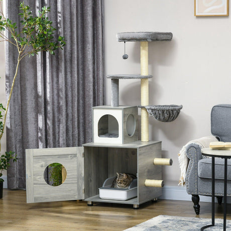 2-in-1 Cat Litter Box and Cat Tree House, Scratching Posts - Grey - Cat Litter Trays - Purr Wish