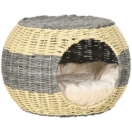 Elegant Wicker Cat House with Soft Washable Cushion, ?40 x 30cm