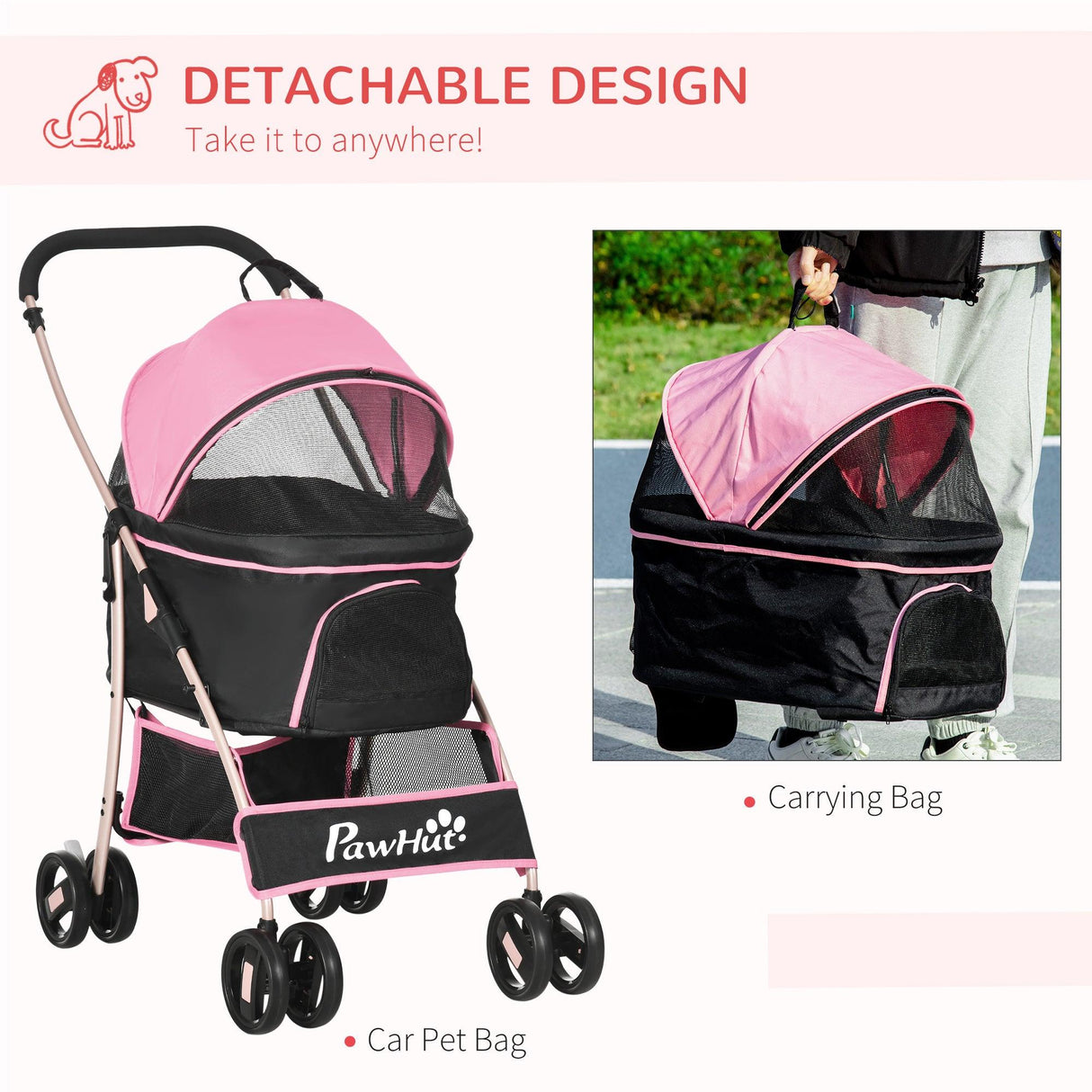 3-in-1 Cat Stroller - Carrier with Universal Wheel & Rain Cover - Pink & Black - Cat Carriers & Strollers - Purr Wish