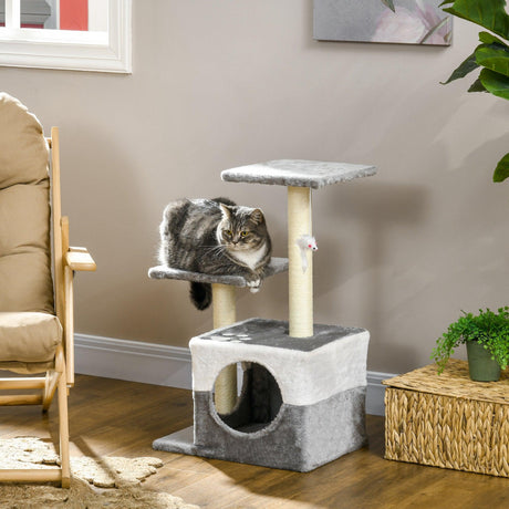 Cat Tree with Scratching Posts, Perches, and Toy Mouse, 70cm - Grey - Cat Trees - Purr Wish