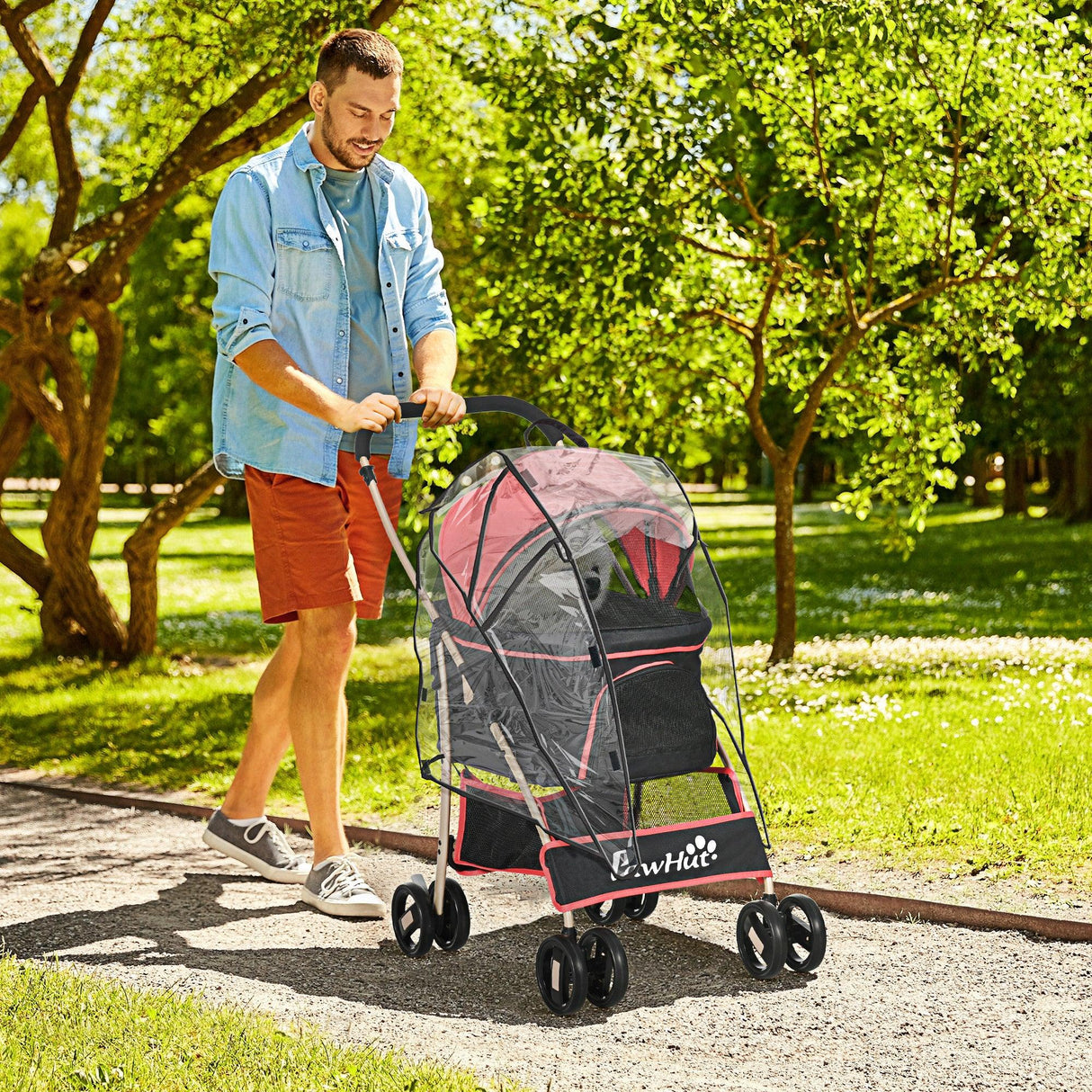 3-in-1 Cat Stroller - Carrier with Universal Wheel & Rain Cover - Red & Black - Cat Carriers & Strollers - Purr Wish