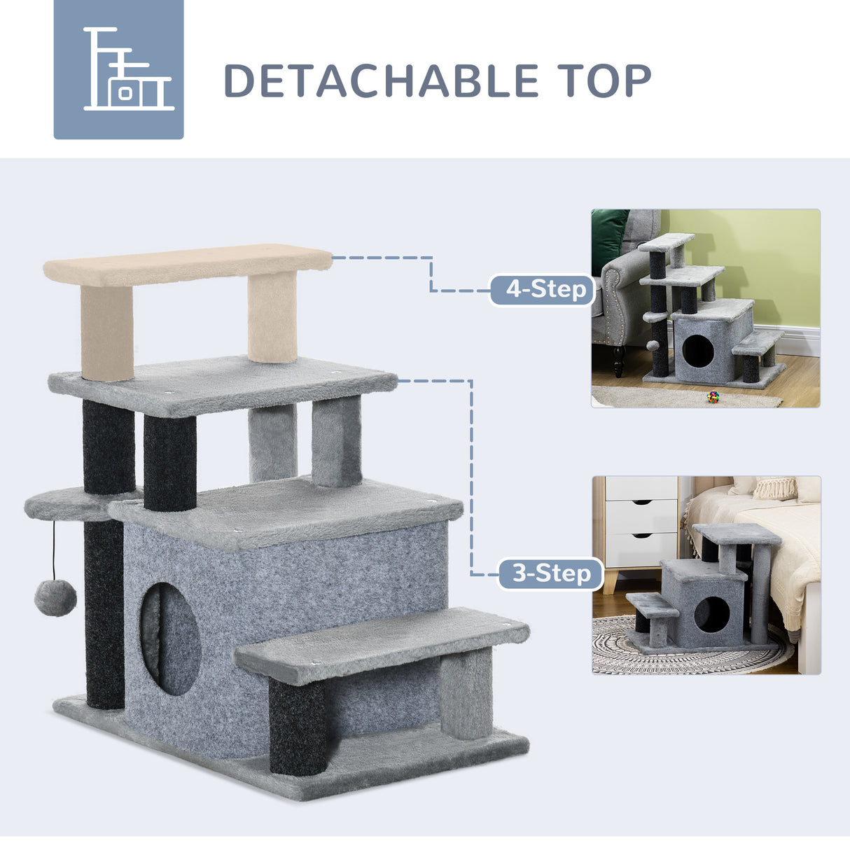 Adjustable Cat Stairs for Bed with Cat House, 66H x 60L x 40Wcm - Grey