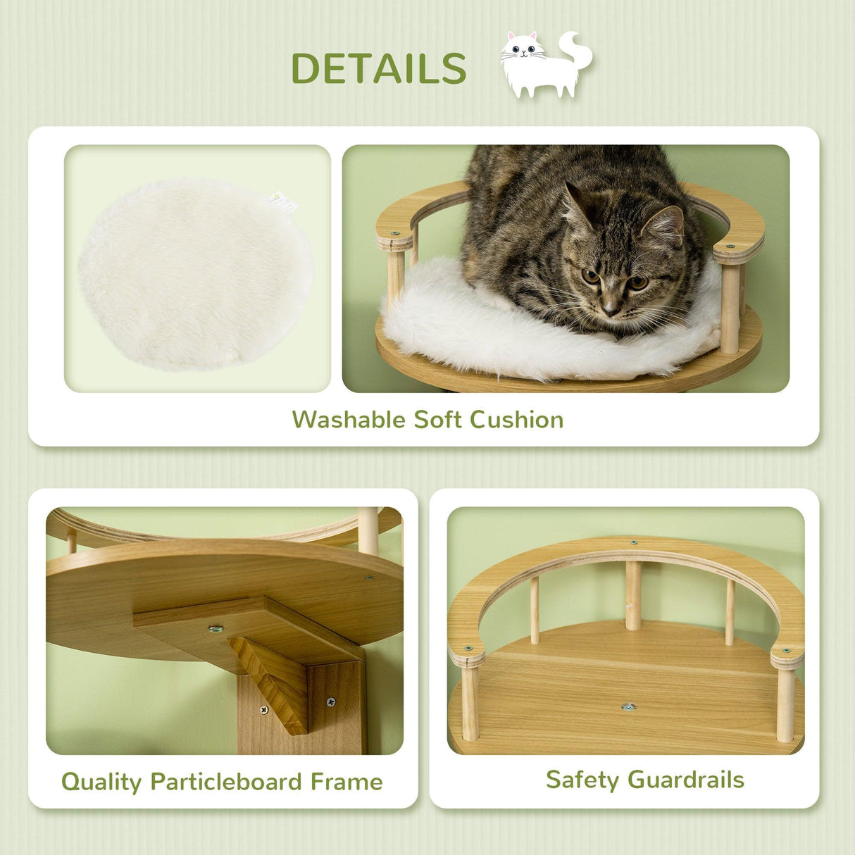 Wall Mounted Cat Shelf, Kitten Bed with Cushion, Guardrails - Cat Walls - Purr Wish