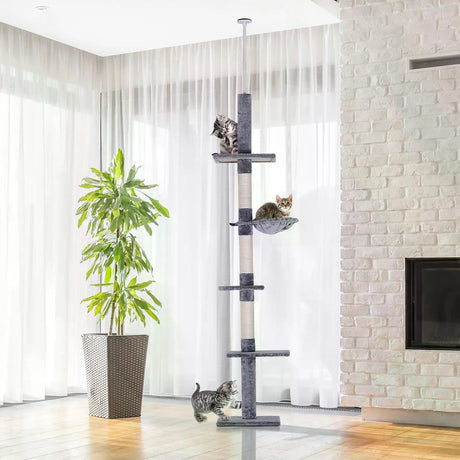 Floor-to-Ceiling Scratcher w/ Plush Platforms, 230-260cm - Grey - Cat Trees - Purr Wish