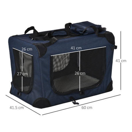 Portable Pet Carrier Folding Crate with Cushion, 60 x 41.5 x 41cm, Dark Blue