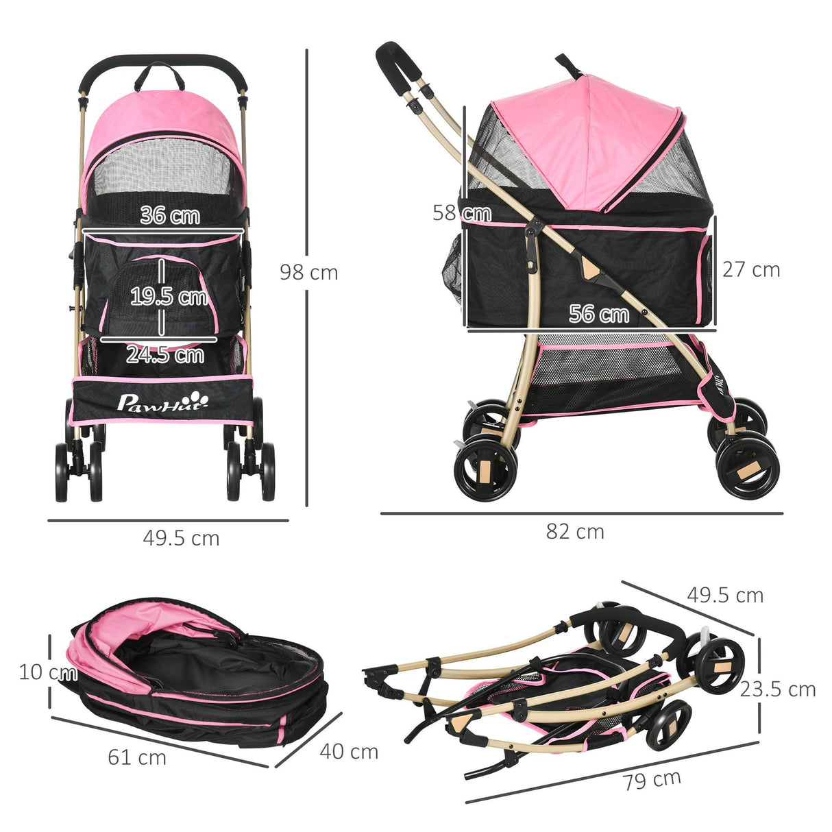 3-in-1 Cat Stroller - Carrier with Universal Wheel - Pink & Black - Cat Carriers & Strollers - Purr Wish