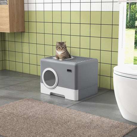 Enclosed Cat Litter Box with Front Entry & Scoop - Grey - Cat Litter Trays - Purr Wish