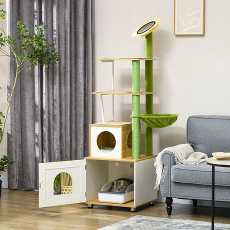 Cat Tree w/ Built-in Litter Box, 176cm - Oak & Green - Cat Trees - Purr Wish