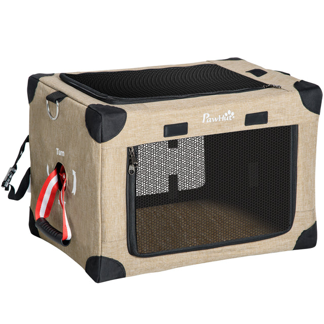 Khaki Folding Cat Carrier with Cushion, 48.5L x 33.5W x 33h-cm