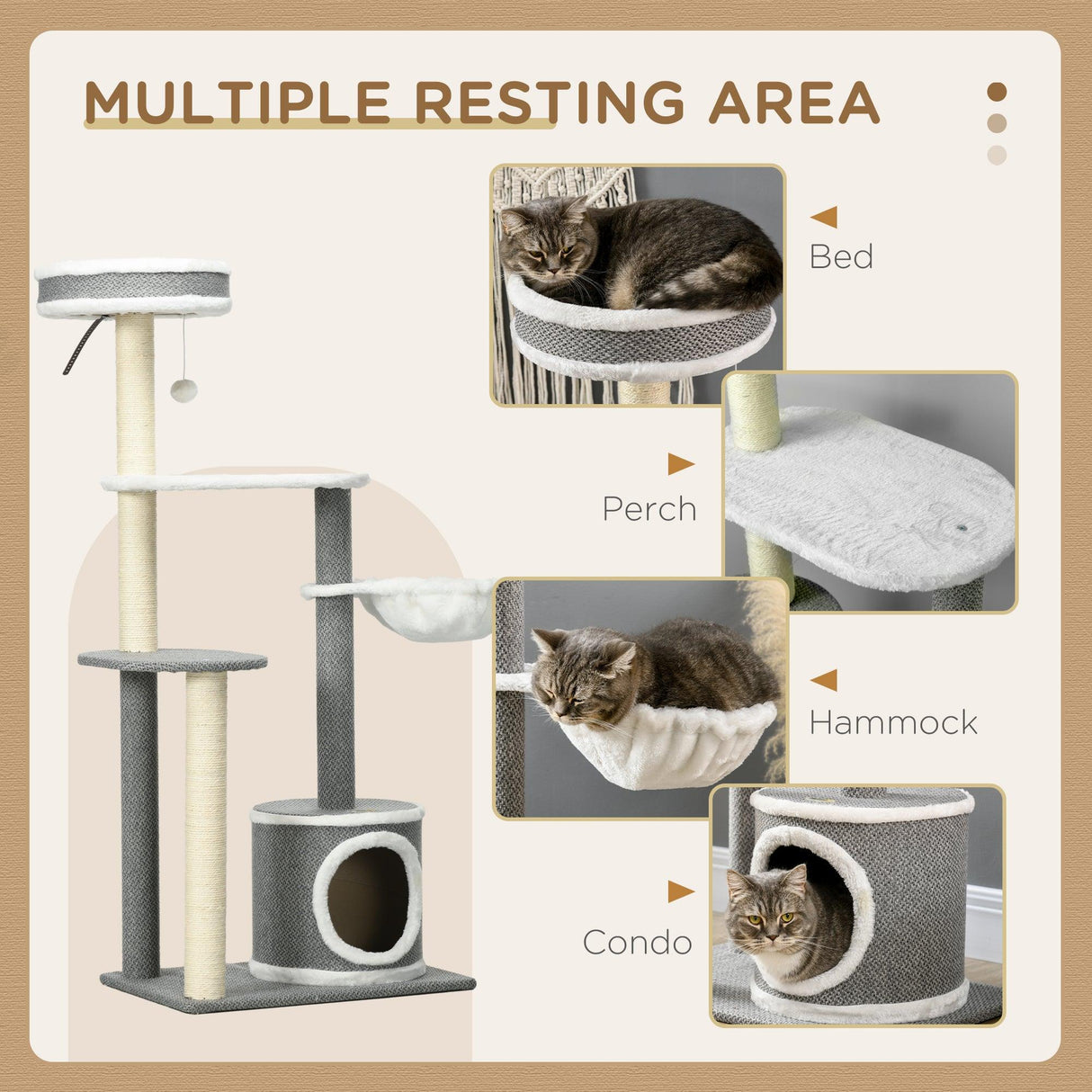 Multi-level Cat Tower with Scratching Posts & Bed, 132cm - Grey - Cat Trees - Purr Wish