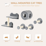 5-Piece Wall-Mounted Cat Shelf Set with Perch, Cat Condo, Scratching Post, Grey - Cat Walls - Purr Wish