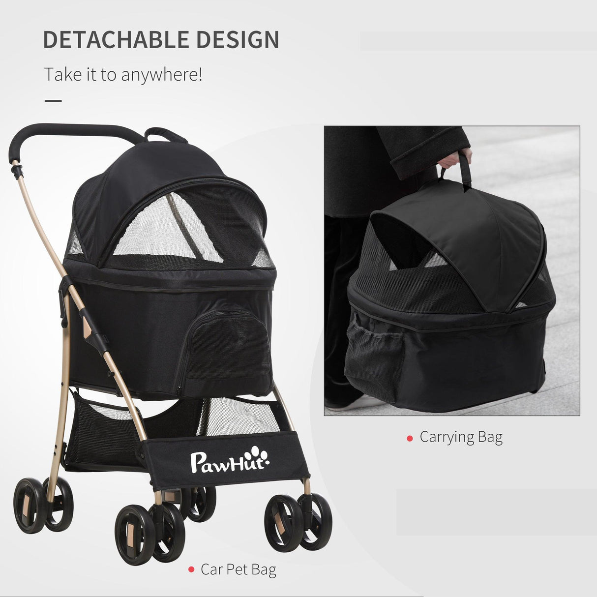 3-in-1 Cat Stroller - Carrier with Universal Wheel, Black - Cat Carriers & Strollers - Purr Wish