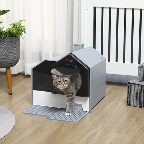 Grey Hooded Cat Litter Tray with Scoop - Cat Litter Trays - Purr Wish