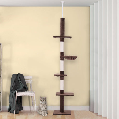 5-Tier Floor to Ceiling Cat Tree, Adjustable Height, Brown - Cat Trees - Purr Wish