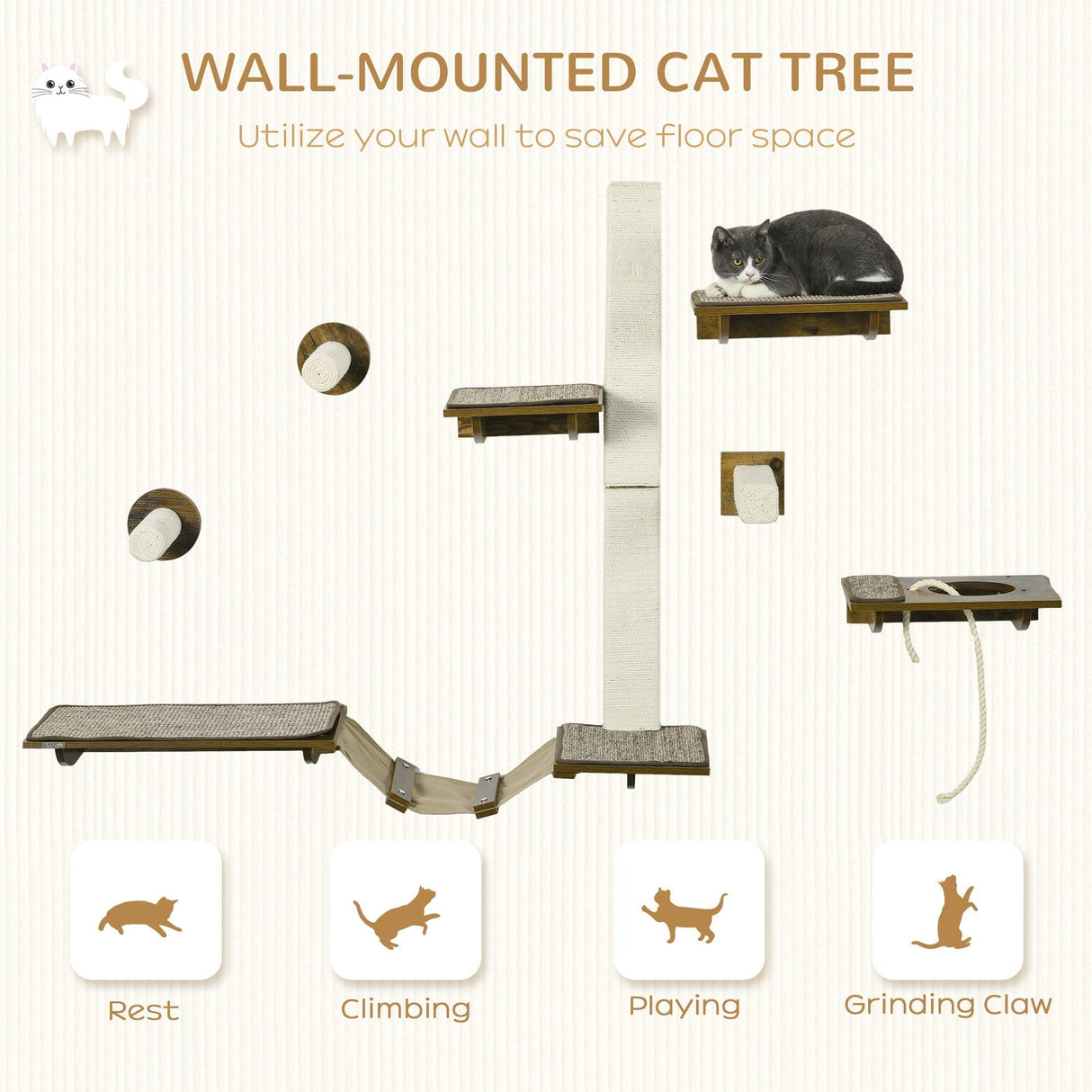 8-Piece Wall Mounted Cat Tree Shelves with Scratching Posts, Perches - Brown - Cat Walls - Purr Wish