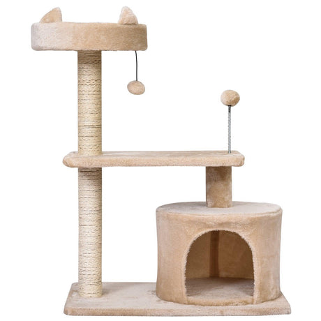 3-Tier Cat Tower w/ Hide-Away House & Ball Toys - Beige - Cat Trees - Purr Wish