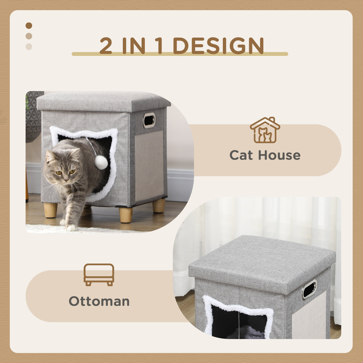 Cat Bed Ottoman with Removable Cushion, Scratching Pad, Handles, Grey