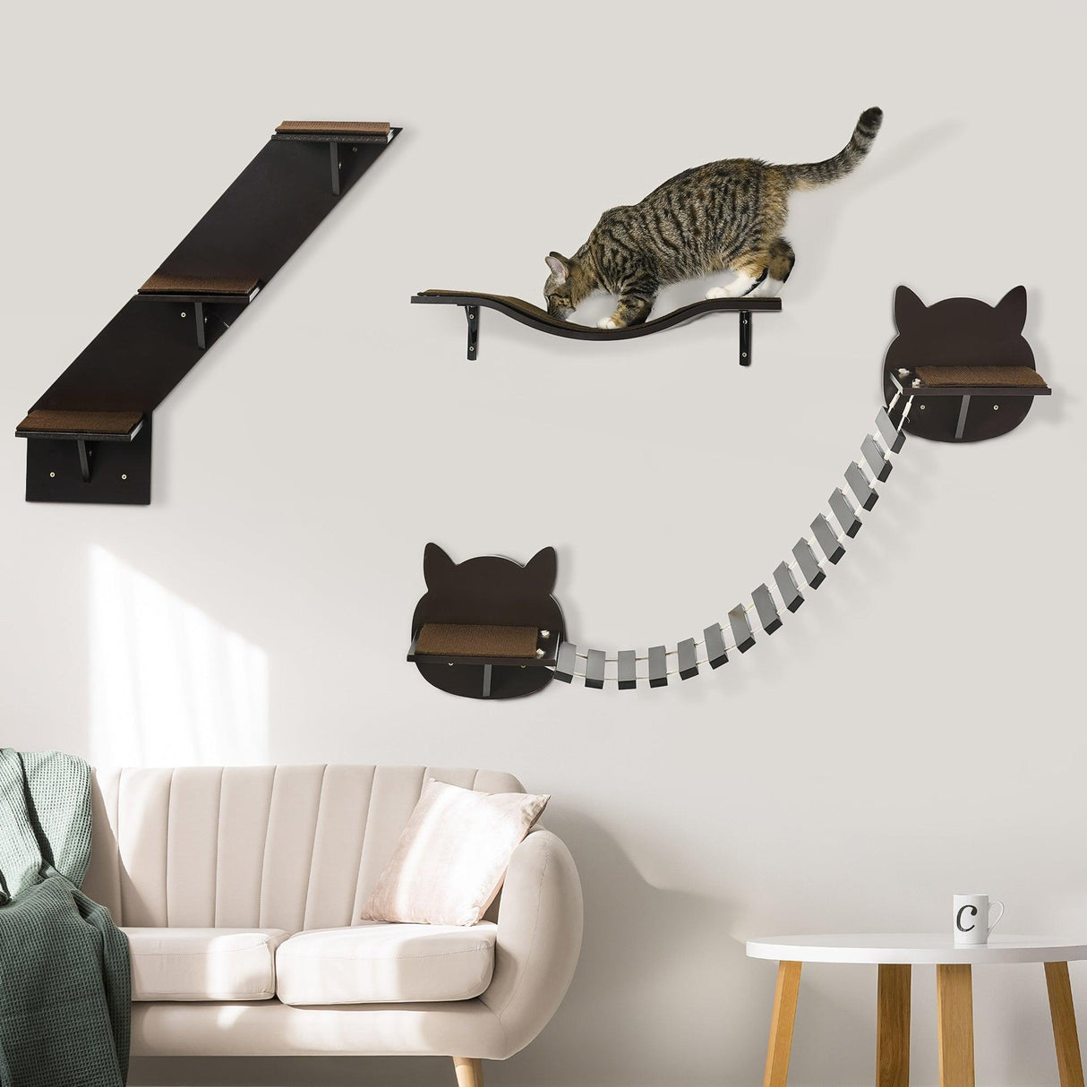 3-Piece Coffee Brown Cat Wall Shelf Set - Cat Walls - Purr Wish