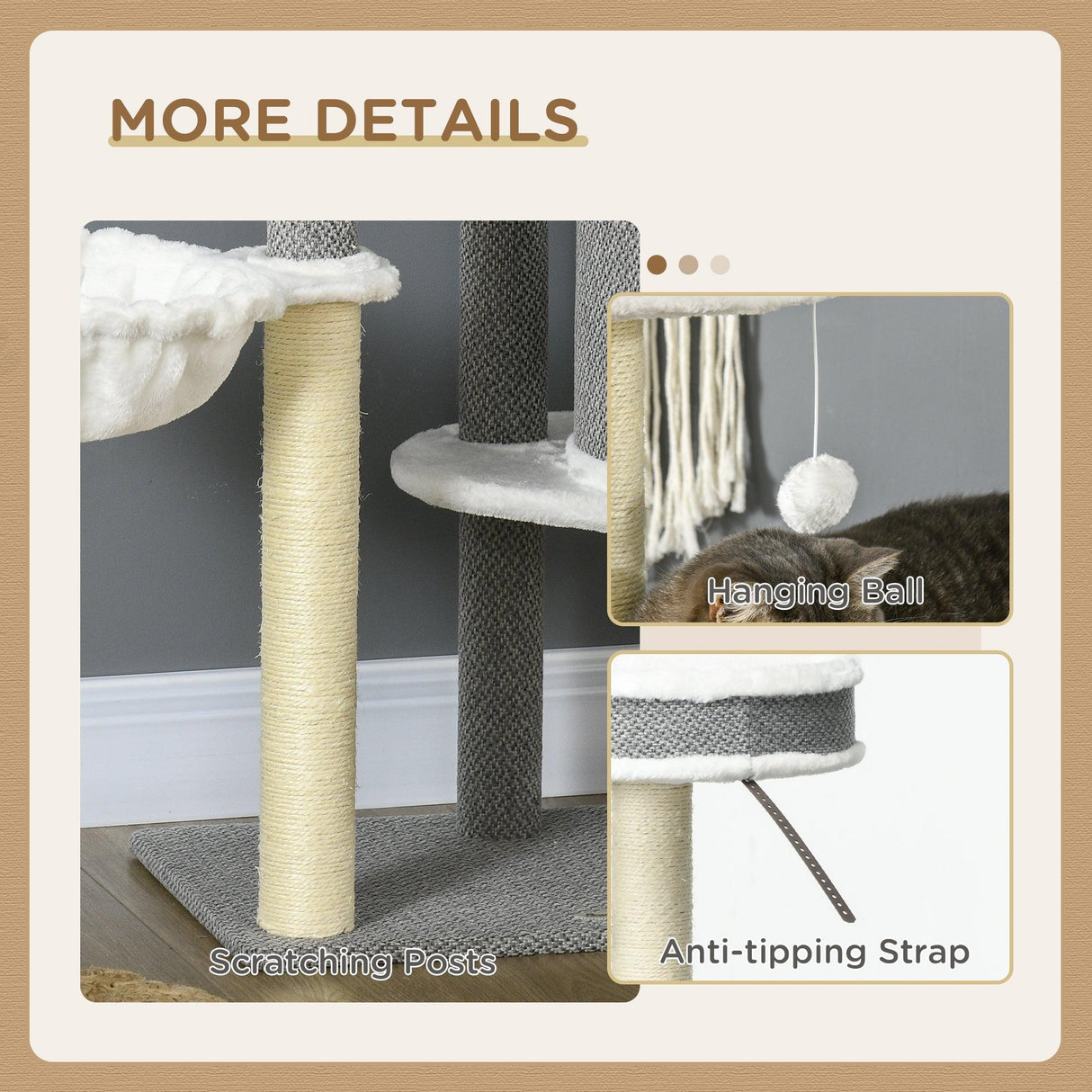 Multi-level Cat Tower with Bed & Toy Ball, 124cm - Grey - Cat Trees - Purr Wish