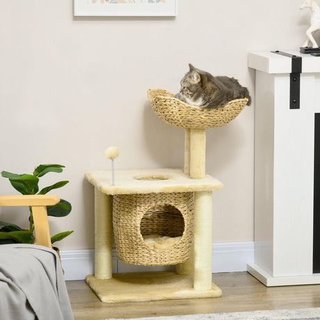 Weaved Cat Tree w/ Scratching Posts, Bed, Toy Ball, 74cm - Beige - Cat Trees - Purr Wish