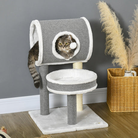 Cat Tree w/ Scratching Posts, Tunnel, Plush Bed, 73cm - Grey & White - Cat Trees - Purr Wish