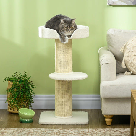 2-Tier Cat Tree with Sherpa Cushion, 91cm - Cream White - Cat Trees - Purr Wish