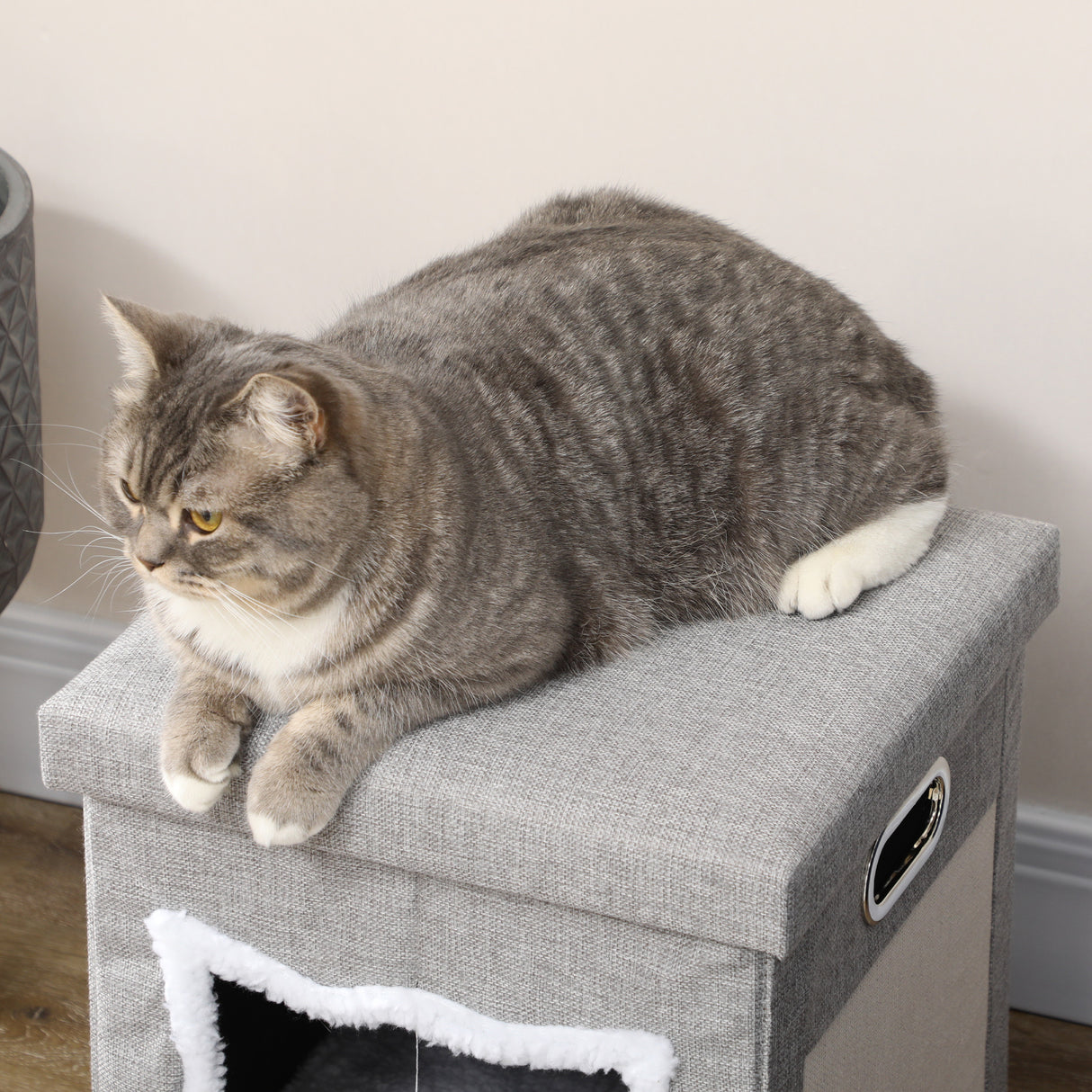 Cat Bed Ottoman with Removable Cushion, Scratching Pad, Handles, Grey