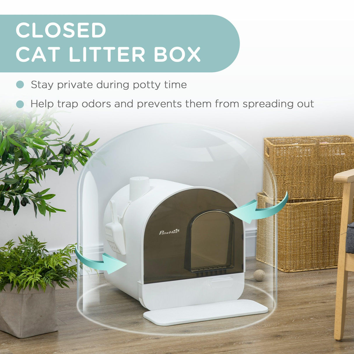 Hooded Cat Litter Box with Lid, Scoop, Flap Door - White - Cat Litter Trays - Purr Wish