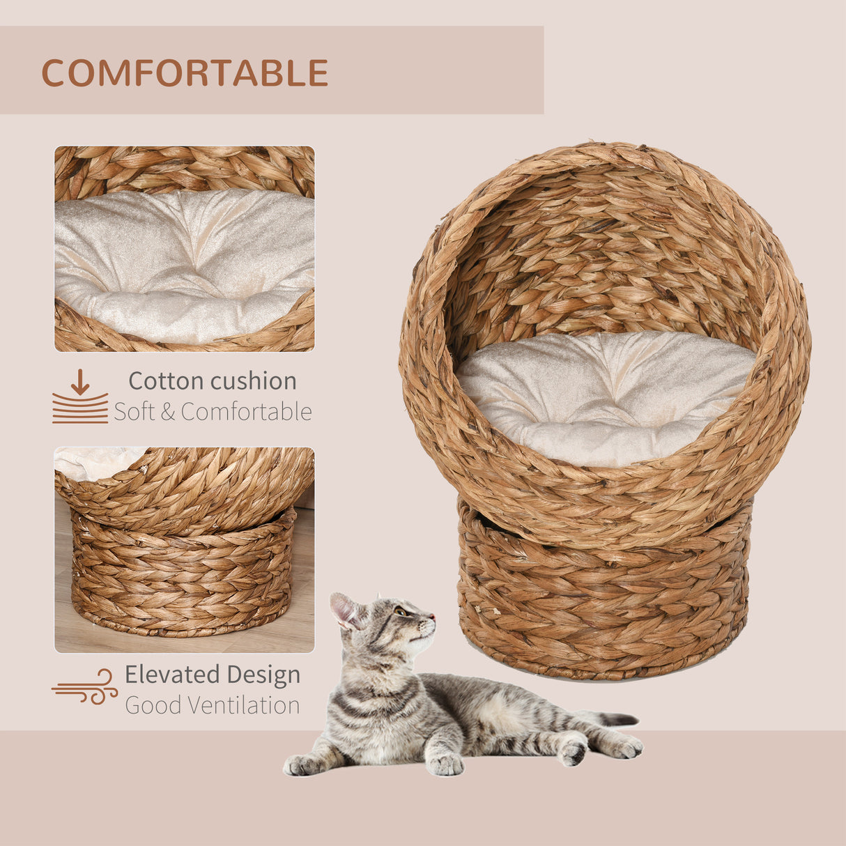 Modern Banana Leaf Cat Bed with Cushion, Brown, 50 x 42 x 60cm