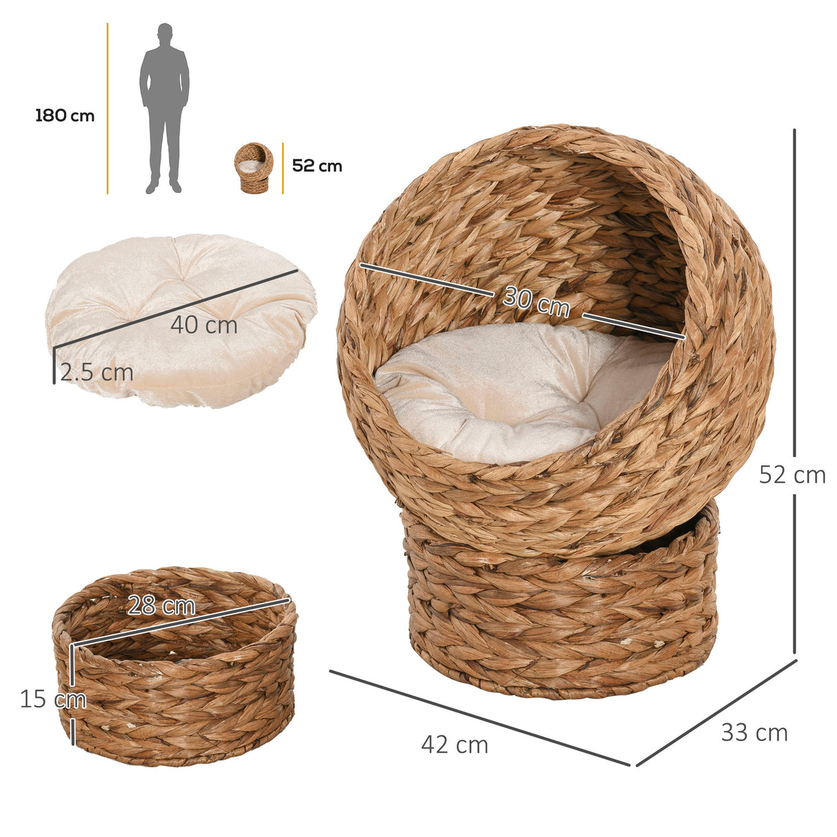 Raised Rattan Cat Bed with Soft Washable Cushion, Brown, 42 x 33 x 52cm