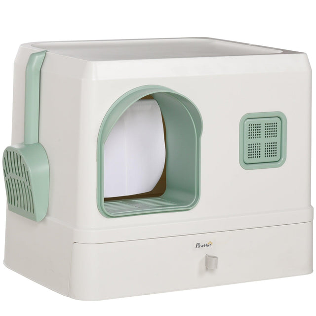 Cat Litter Box with Drawer Pan, Hooded Tray, Deodorants - White - Cat Litter Trays - Purr Wish