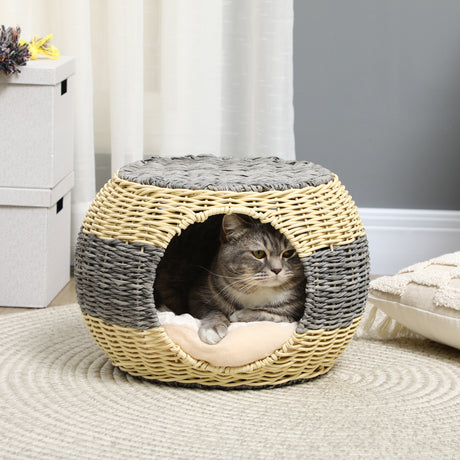 Elegant Wicker Cat House with Soft Washable Cushion, ?40 x 30cm