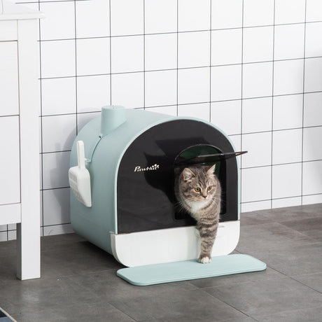 Hooded Cat Litter Box with Lid, Scoop, Flap Door - Green - Cat Litter Trays - Purr Wish