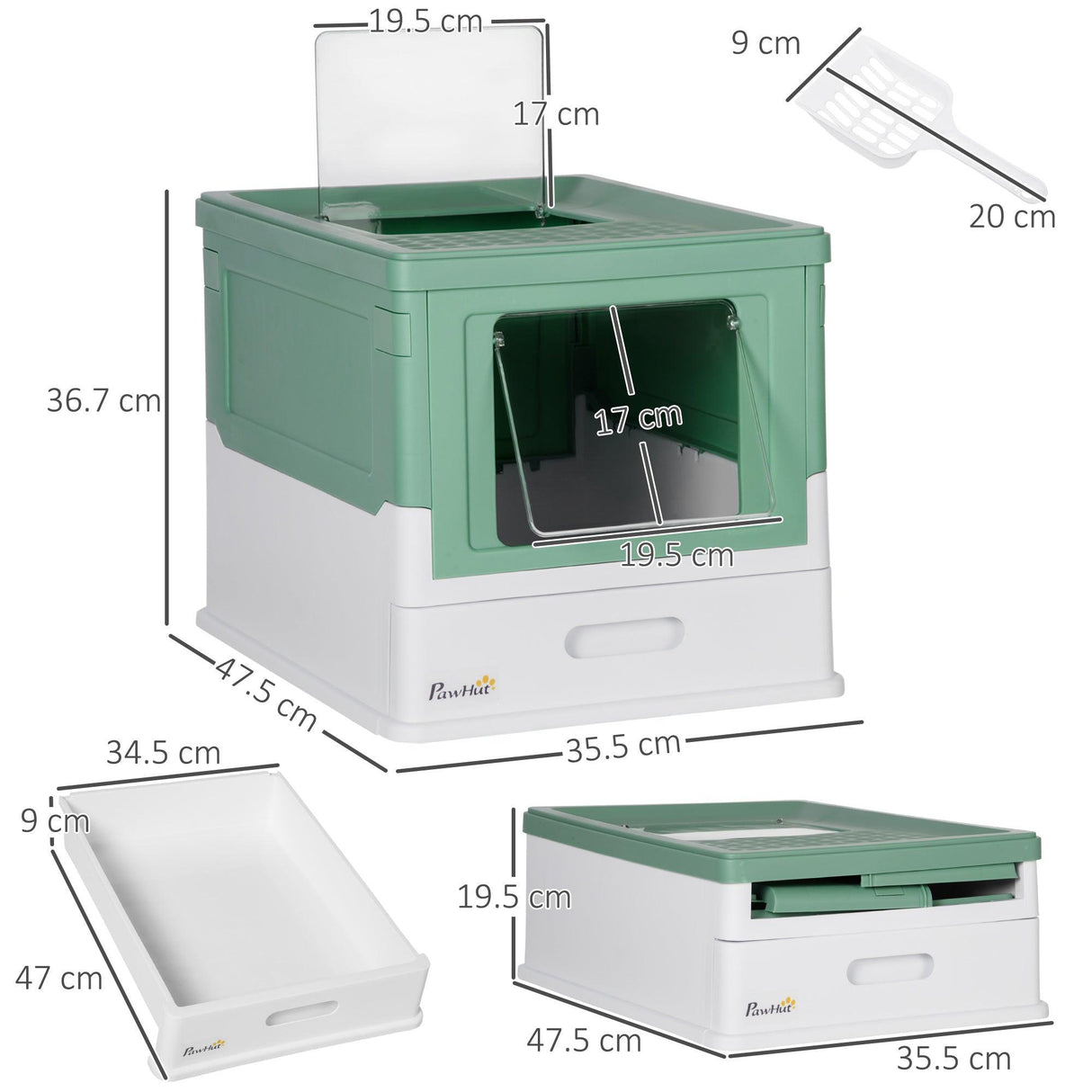 Hooded Cat Litter Box with Scoop, Green & White - Cat Litter Trays - Purr Wish