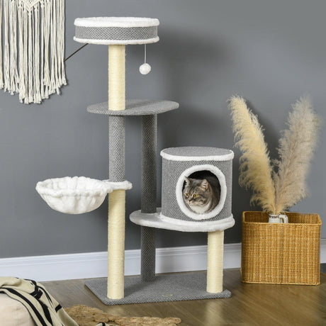 Multi-level Cat Tower with Bed & Toy Ball, 124cm - Grey - Cat Trees - Purr Wish