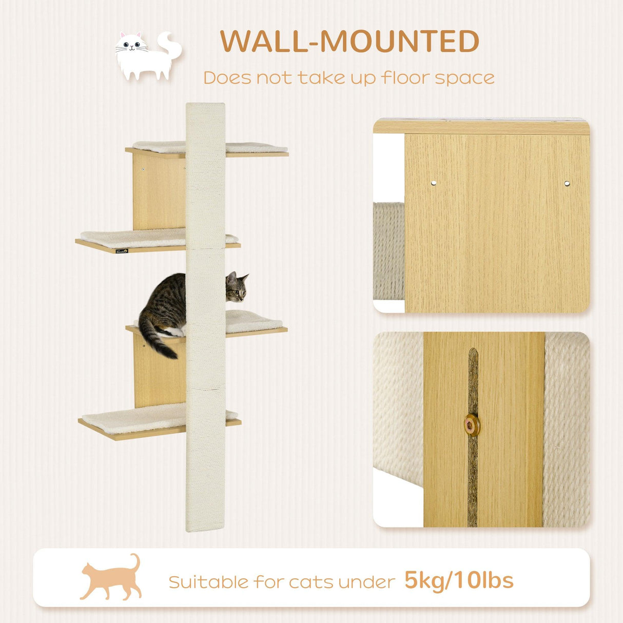 4-Tier Space-Saving Oak Cat Wall Shelf - Cat Walls - Purr Wish