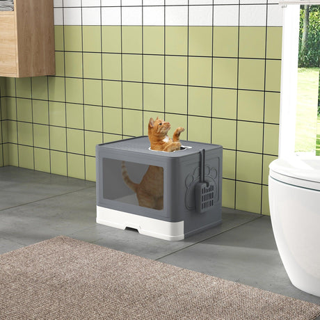 Enclosed Cat Litter Box with Lid, Drawer Tray, Front Entry - Grey - Cat Litter Trays - Purr Wish