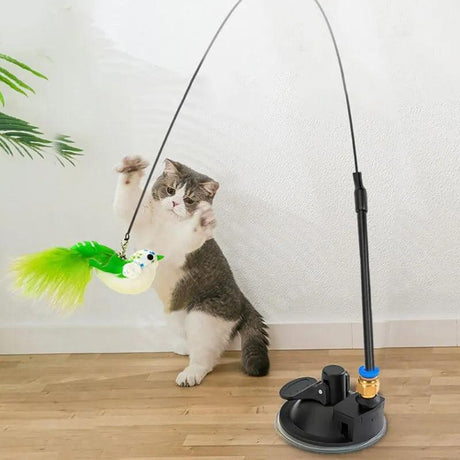 Suction Wand Cat Toy with Feathered Bird & Long Rod - Cat Wand Toys - Purr Wish