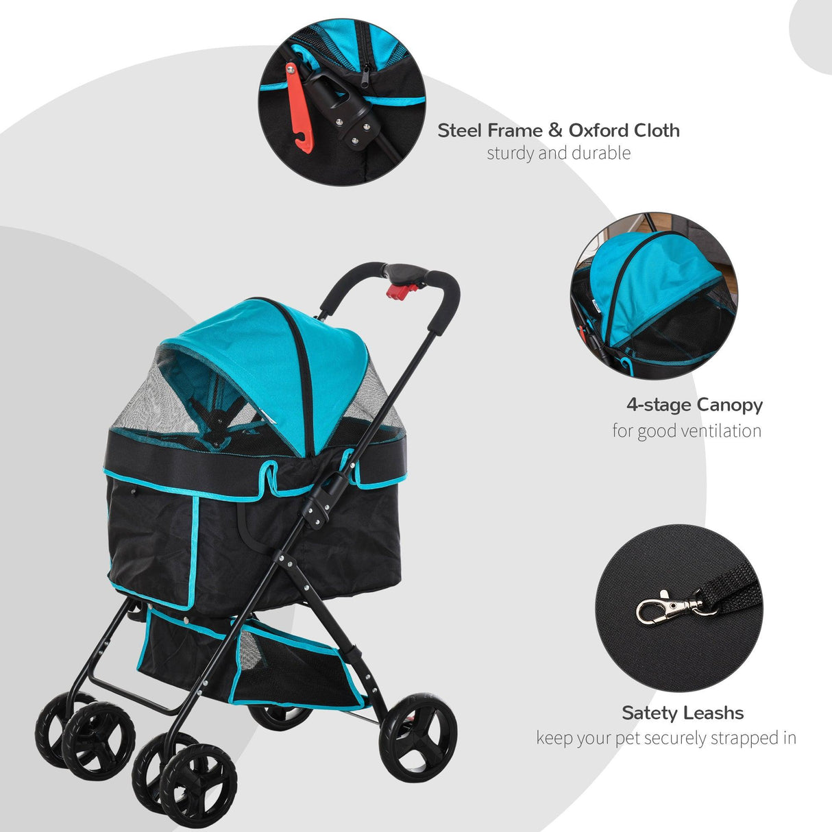 One-Click Fold Pet Stroller Travel Trolley with EVA Wheels - Blue & Black - Cat Carriers & Strollers - Purr Wish