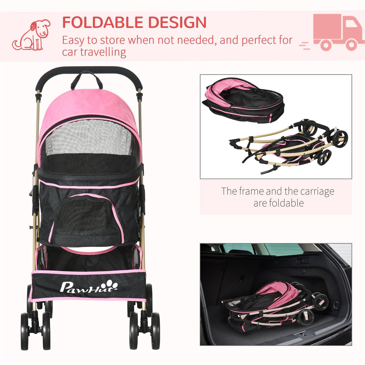 3-in-1 Cat Stroller - Carrier with Universal Wheel & Rain Cover - Pink & Black - Cat Carriers & Strollers - Purr Wish