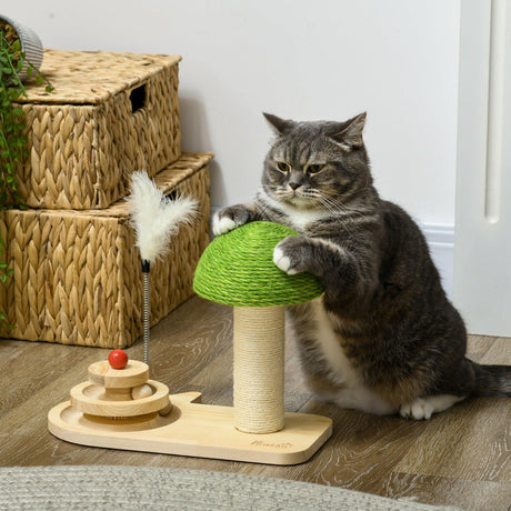 Mushroom Cat Scratching Post with Toy Balls, Feather, 26Hcm- Natural - Cat Scratchers - Purr Wish