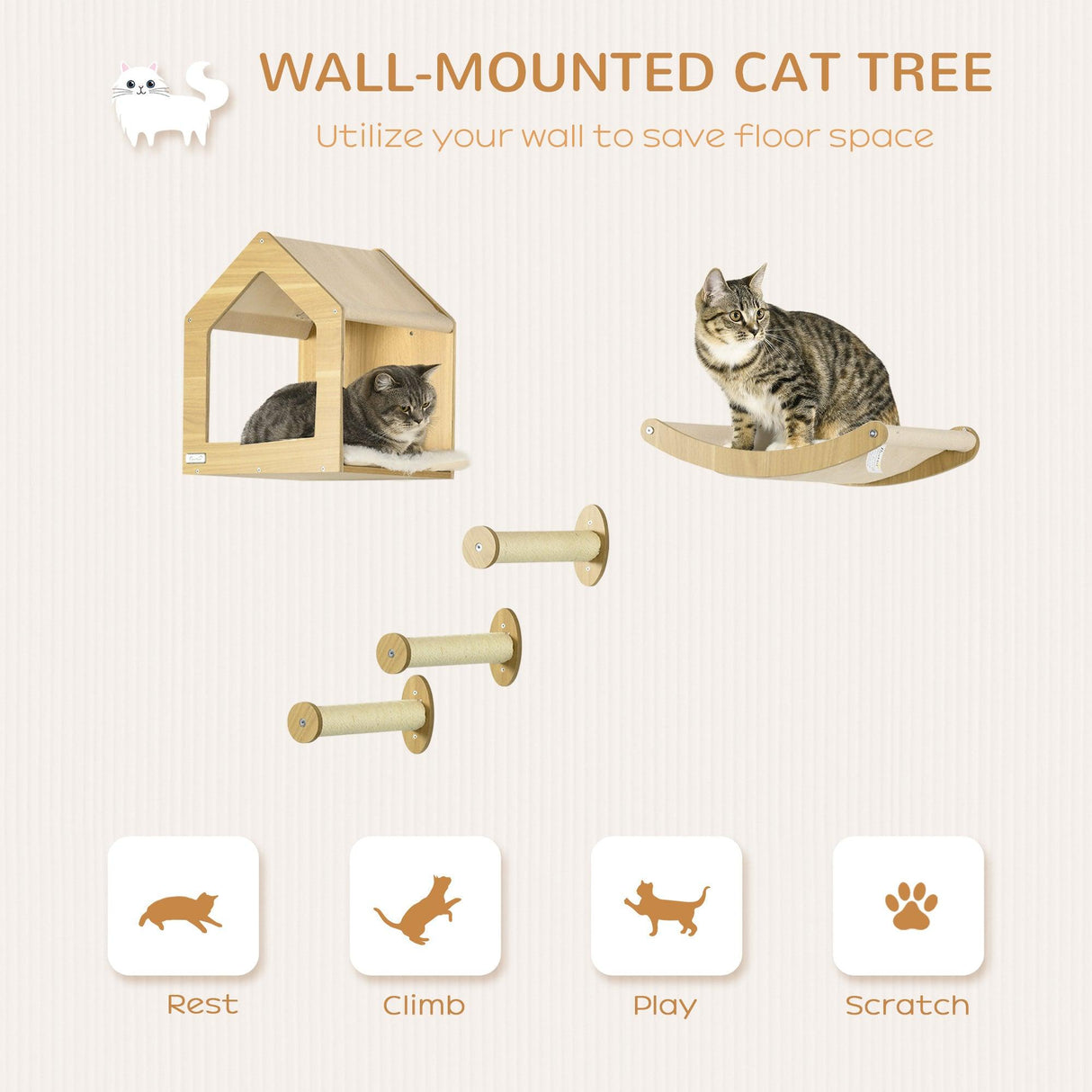 5-Piece Oak Cat Climbing Shelf Set - Cat Walls - Purr Wish