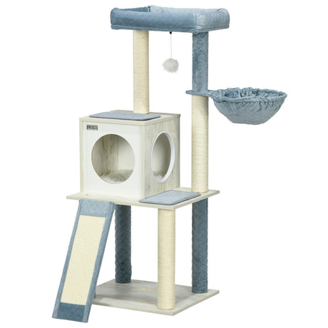 Cat Tree w/ Scratching Posts, Hammock, Bed, House, 114cm - Grey Blue - Cat Trees - Purr Wish