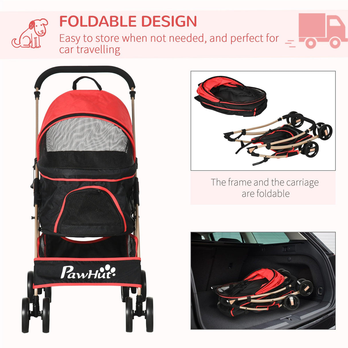 3-in-1 Cat Stroller - Carrier with Universal Wheel & Rain Cover - Red & Black - Cat Carriers & Strollers - Purr Wish