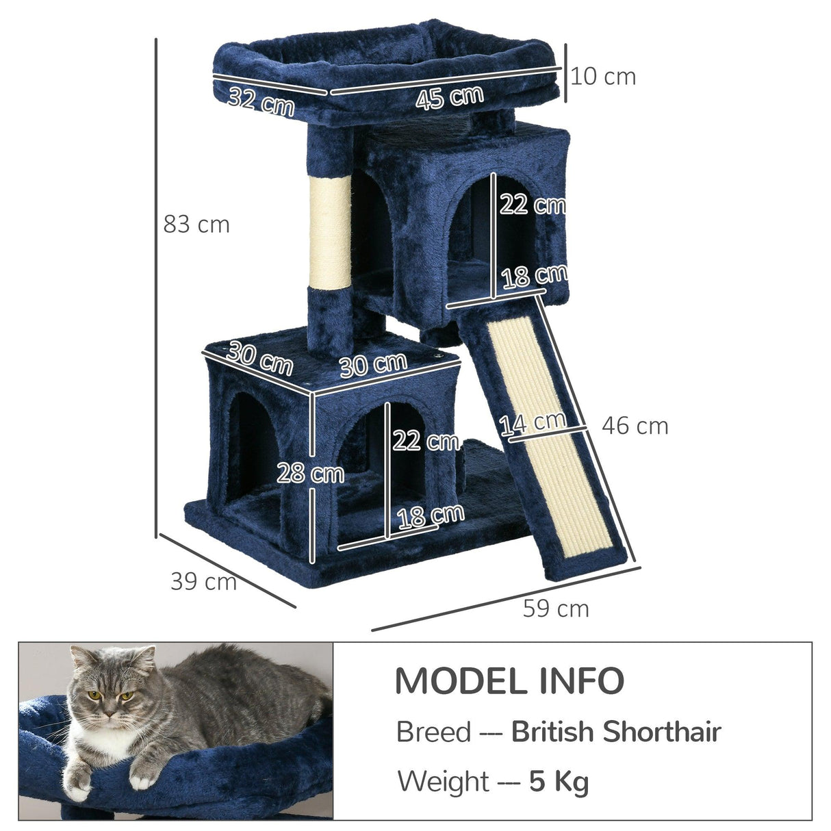 Navy Blue Cat Activity Tree with 2 Houses, Navy Blue - Cat Trees - Purr Wish