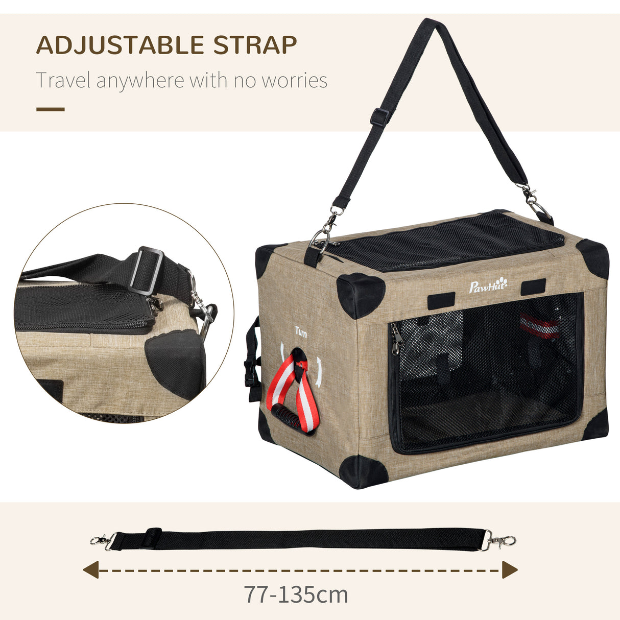 Khaki Folding Cat Carrier with Cushion, 48.5L x 33.5W x 33h-cm