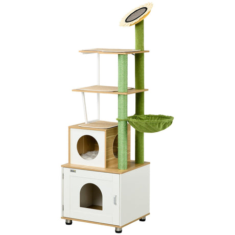 Cat Tree w/ Built-in Litter Box, 176cm - Oak & Green - Cat Trees - Purr Wish