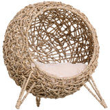 Ball-Shaped Rattan Elevated Cat Basket with Three Tripod Legs, Natural Wood Finish